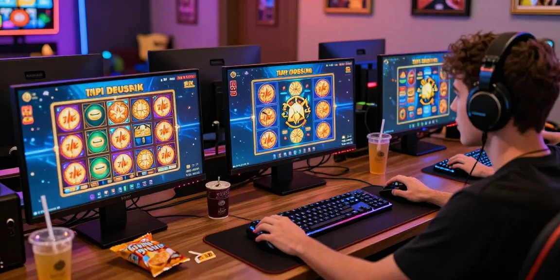 Player engaging with slot depo 1k online games in a vibrant gaming setup with multiple screens.
