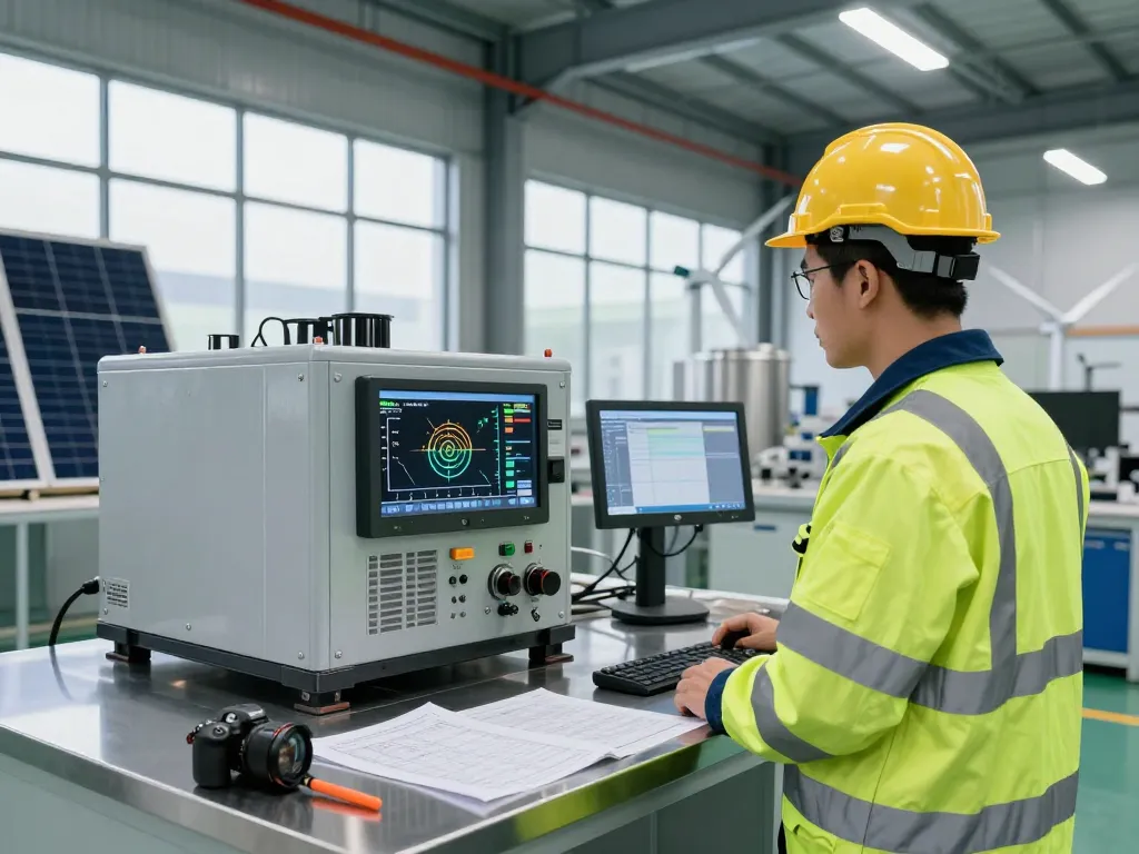 Innovative global power solution with engineer examining efficient generator in modern industrial facility.