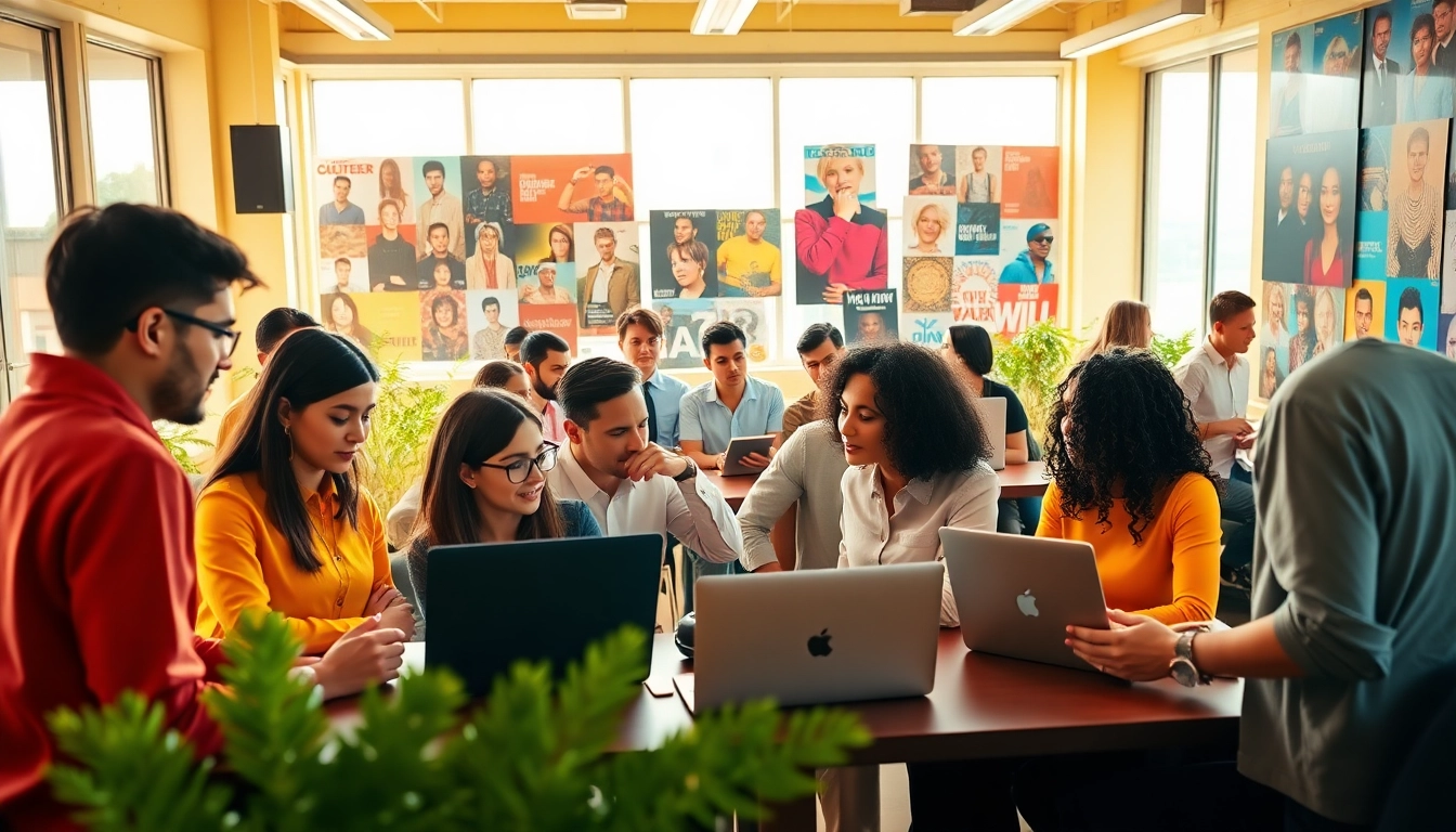 Showcasing a vibrant music PR firm team collaborating on promotional strategies.