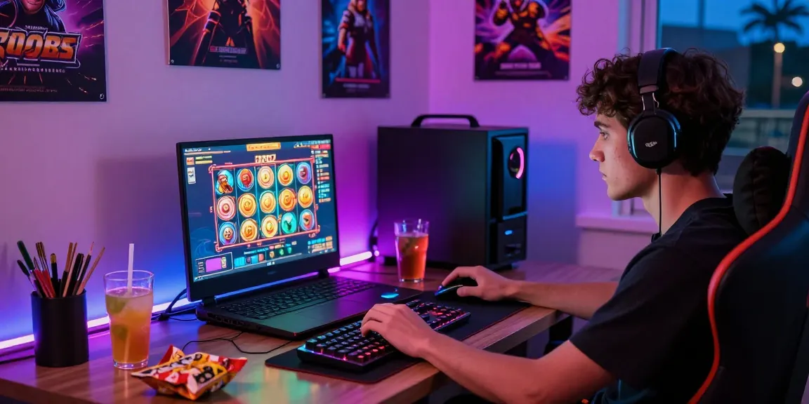 Player enjoying slot88 games on a high-end gaming laptop in a colorful LED-lit room.