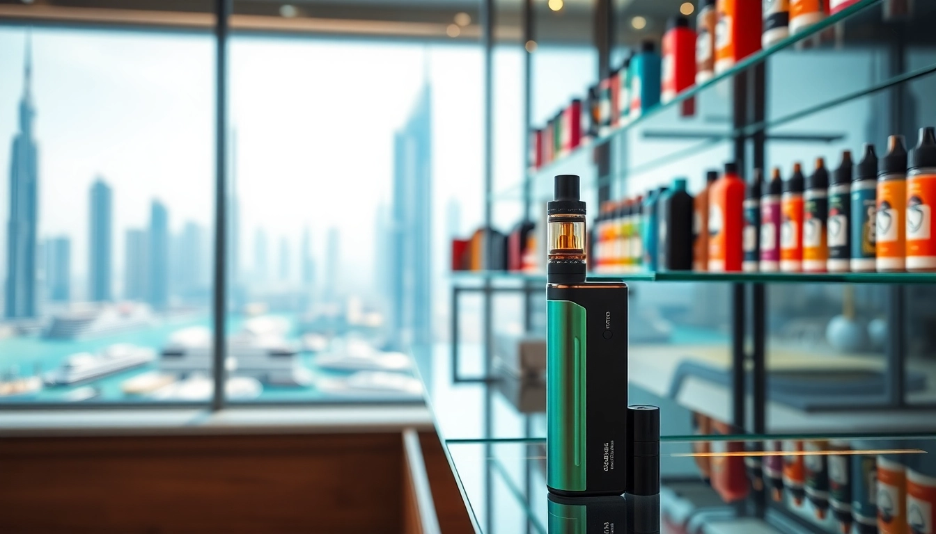 Shop nicotine salt vape Dubai with a stylish device and colorful e-liquids on display.