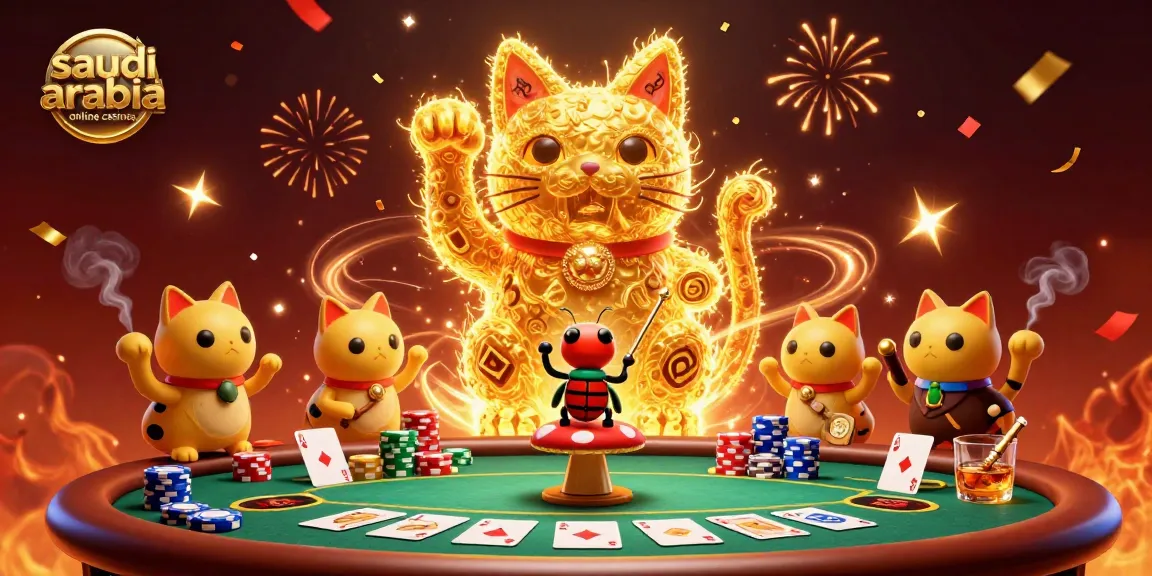 Engage with saudi arabia online casinos in an enchanting 3D illustration featuring lucky symbols and festive elements.
