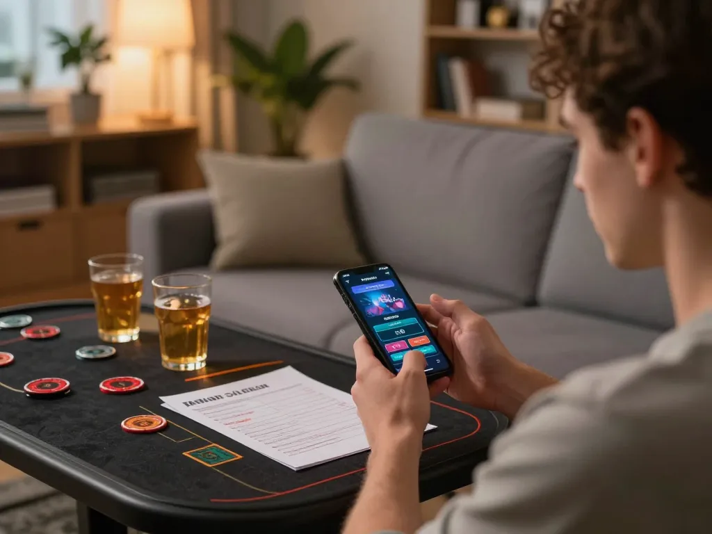 Engaging with online casino app on smartphone at home, uu88 net player enjoying a cozy atmosphere.
