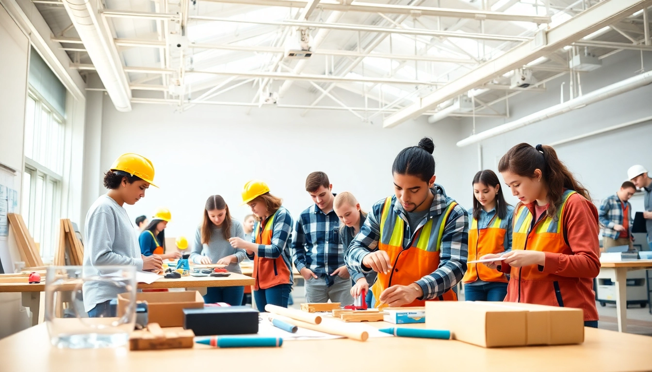 Students actively participating in construction education activities in a vibrant classroom.