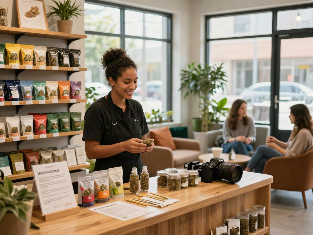 Engaging budtender helping customers at a Camino cannabis dispensary with vibrant product selection and warm ambiance