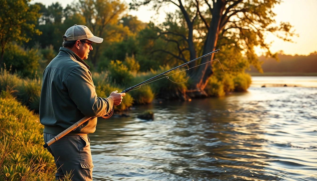 Angler using the best fly fishing rods on a calm riverbank at sunset.