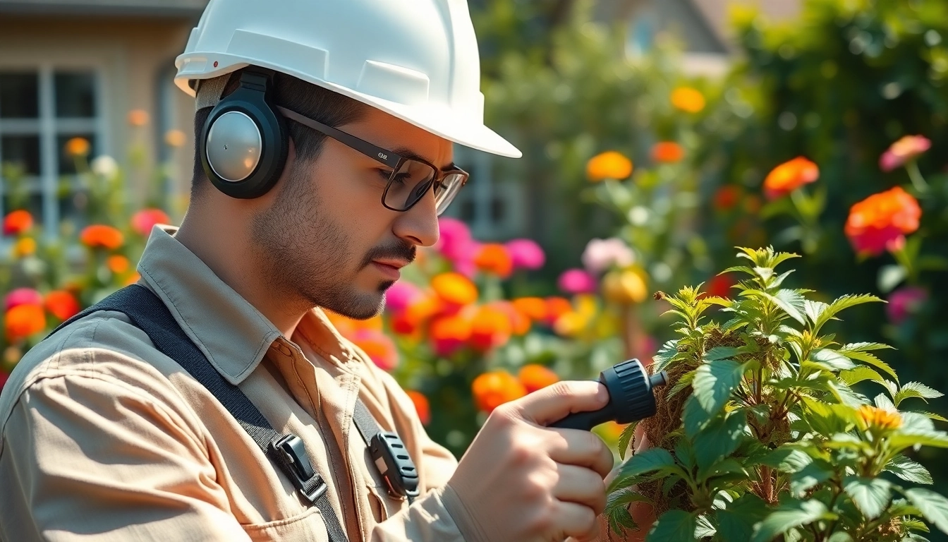 Certified insect technician inspecting plants with pest control tools in a vibrant garden.