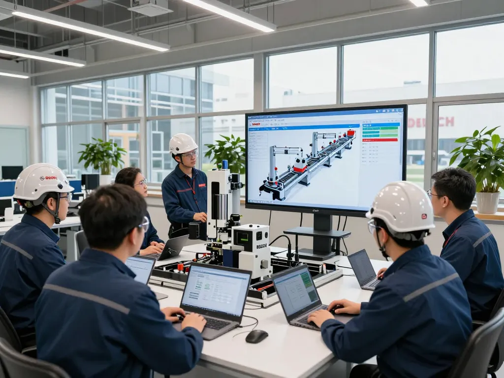 Collaborative Bosch Rexroth engineering team in modern factory setting, focused on industrial automation solutions.