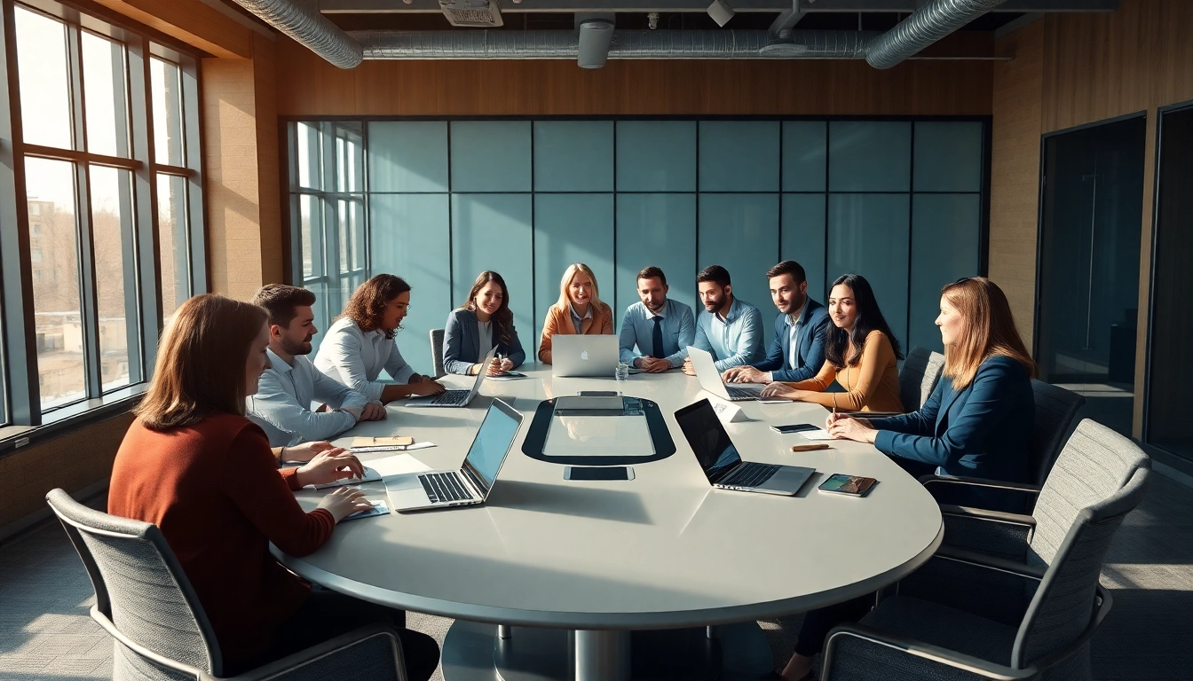 Team members engaged in a productive meeting about business abc solutions.