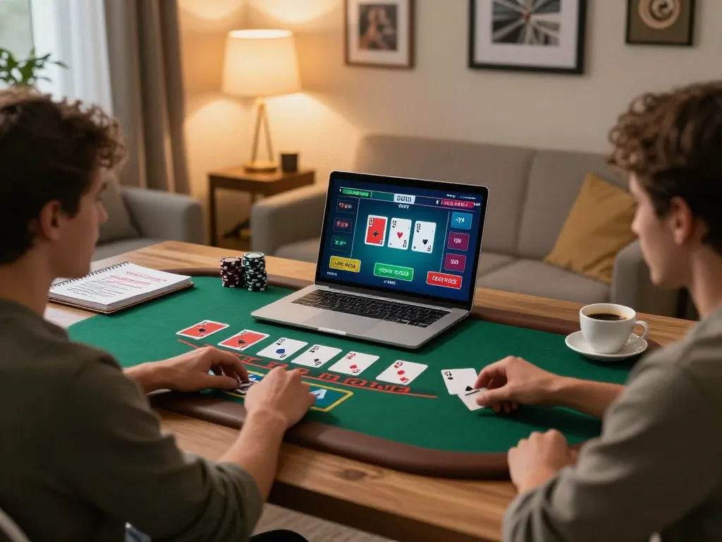 Player enjoying live dealer blackjack on g28 com from a cozy home office, emphasizing responsible gaming.