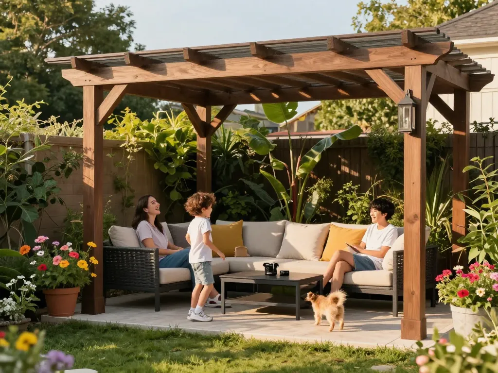 Custom pergola configurator showcased in an outdoor family setting with shaded relaxation and vibrant garden