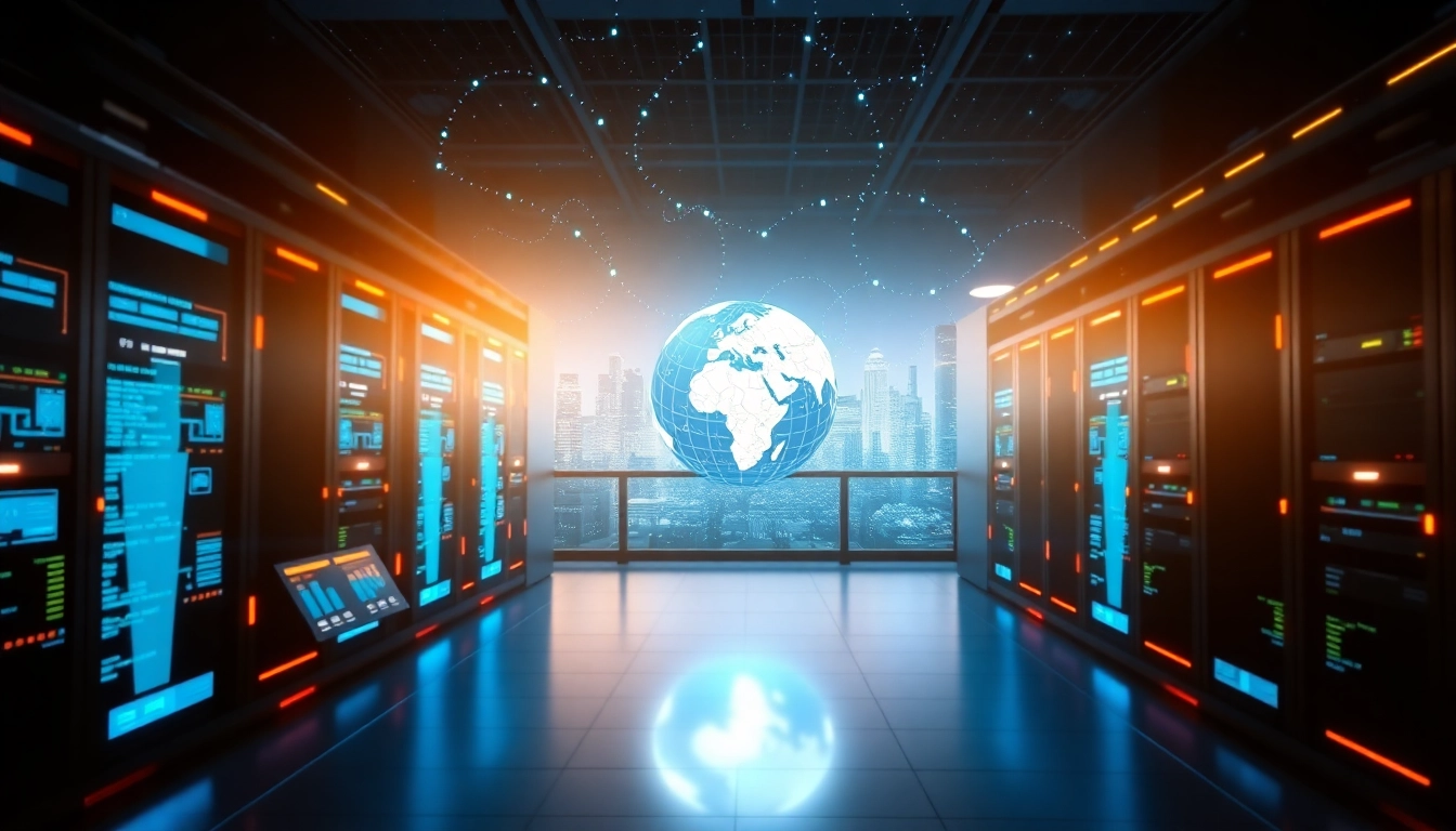 Illustration showing a WAN network center with advanced technology and global connectivity.
