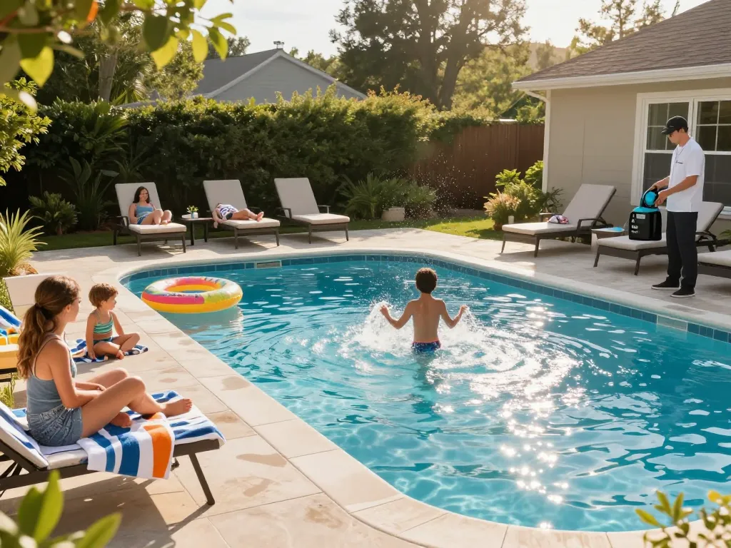 Dolphin Pool Services providing exceptional pool maintenance with family enjoying a sunny day by the pool.