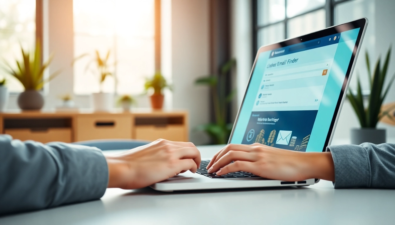 Utilizing a linkedin email finder tool on a laptop in a modern office setting.