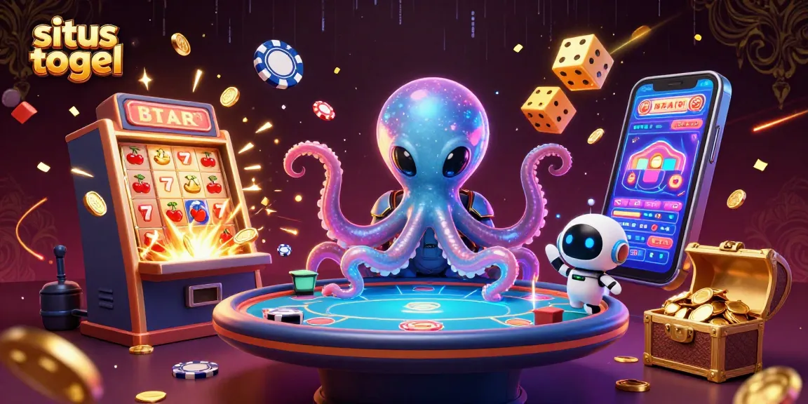 Engage with situs togel in a dynamic casino setting featuring an alien octopus and a tiny robot, surrounded by slot machines and poker elements.