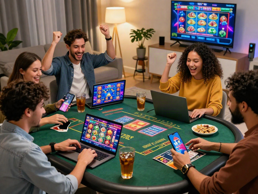 Friends enjoying an exciting bandar casino online experience in a lively living room.