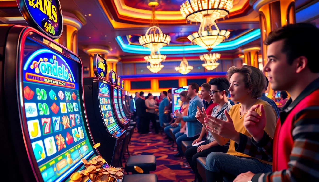 Mainkan ondel4d slot dengan pemain bersemangat di kasino yang ramai.