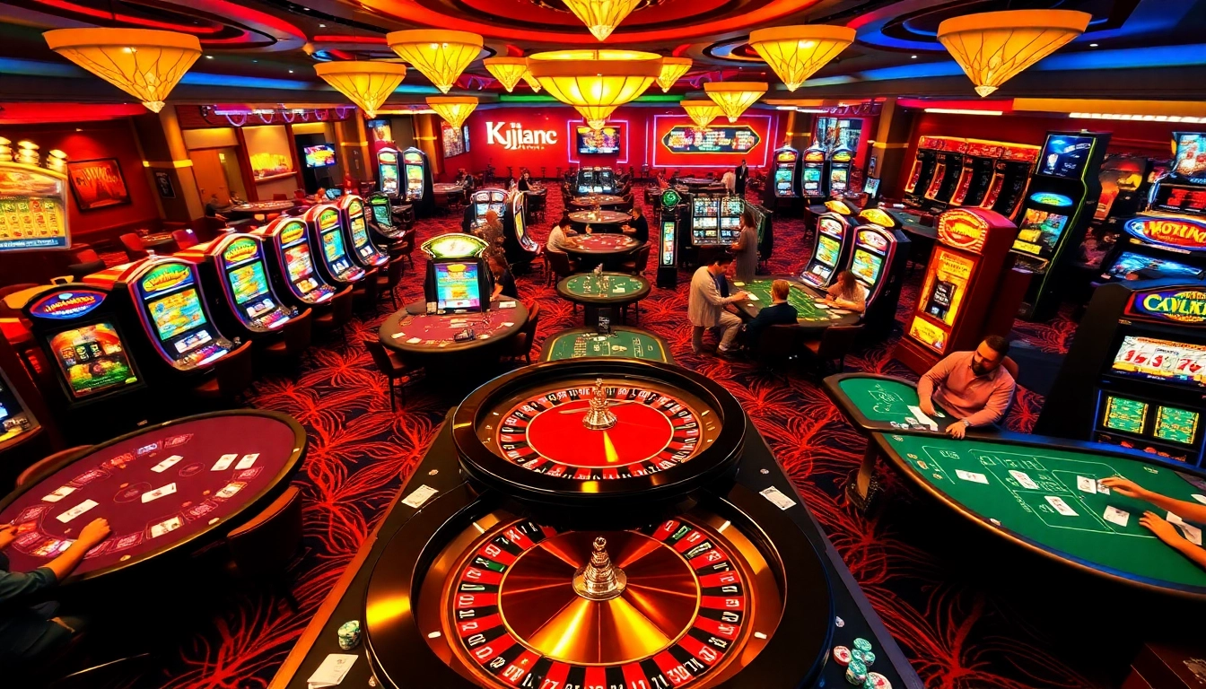 KJC AC casino scene with players engaged at roulette and poker tables.