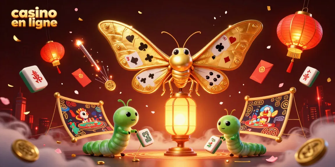 Plongez dans l'univers du casino en ligne avec une illustration vibrante mettant en scène un papillon géant et des scènes de jeu.