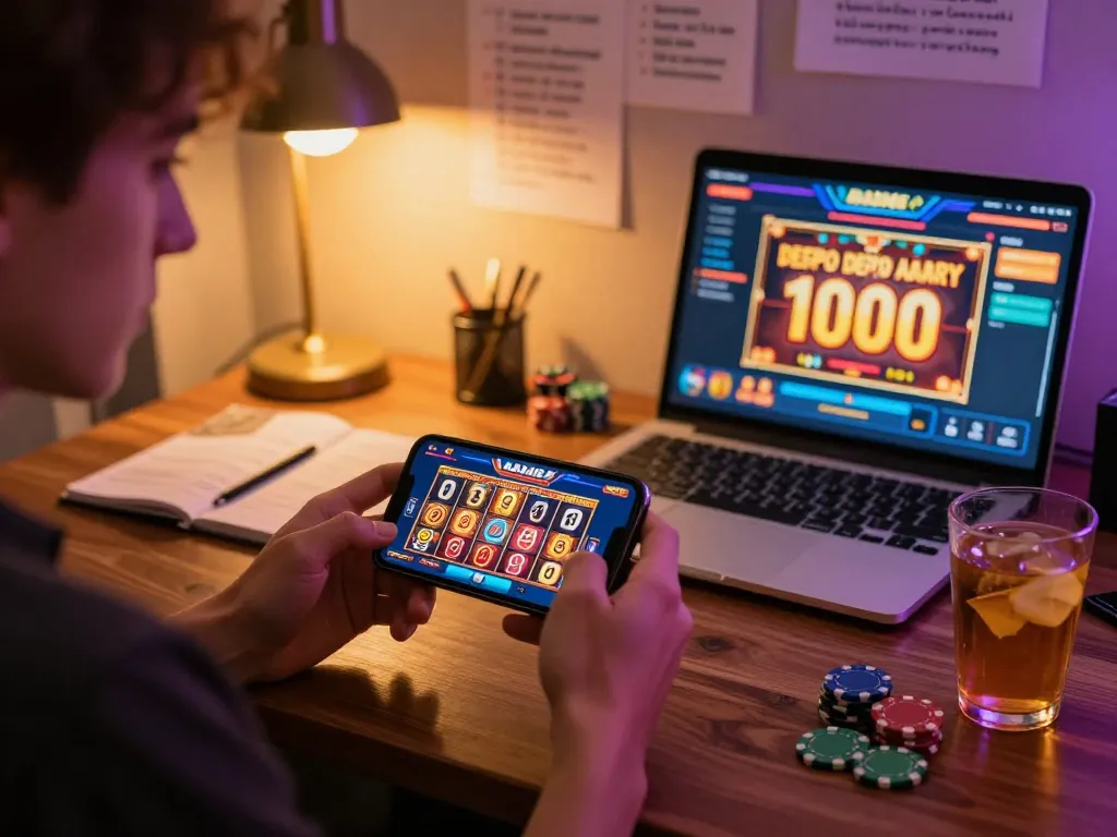 Engaging online gaming scene with a person using their phone for a slot depo 1000 wager, showcasing strategic play.