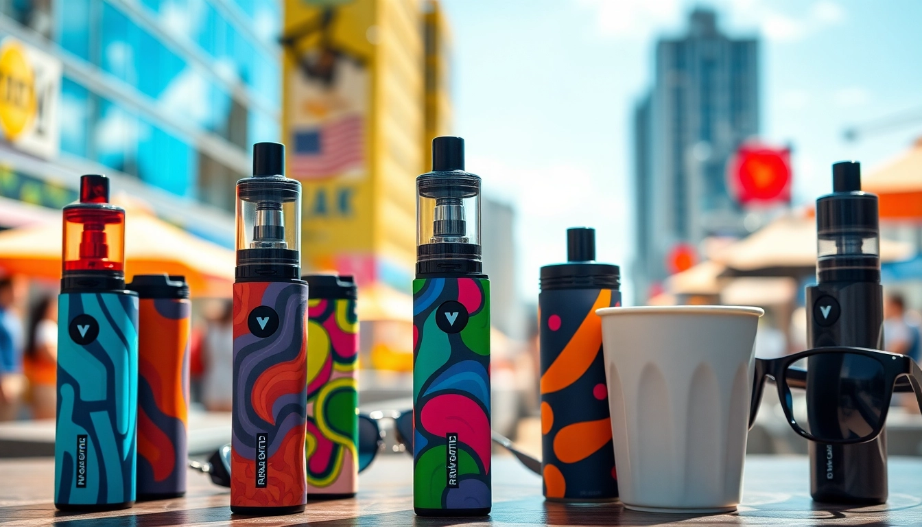 Showcasing funky republic vape in a vibrant urban setting with colorful disposable vapes.
