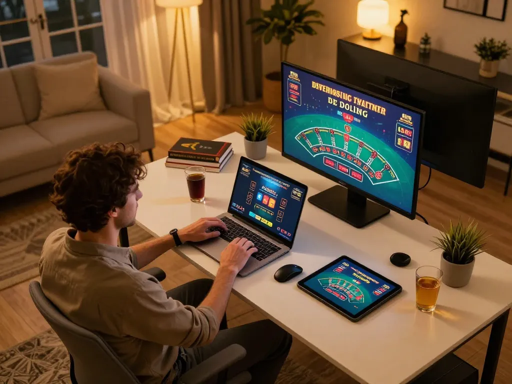 Player betting on w 88 casino games from a stylish home setup, showcasing both laptop and tablet