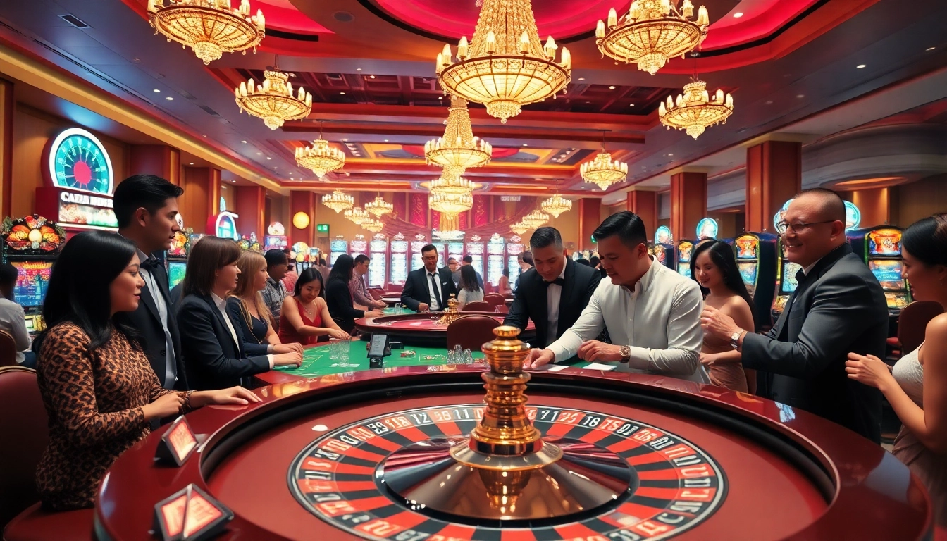 interwin menampilkan pemain bersemangat di meja roulette kasino yang ramai.