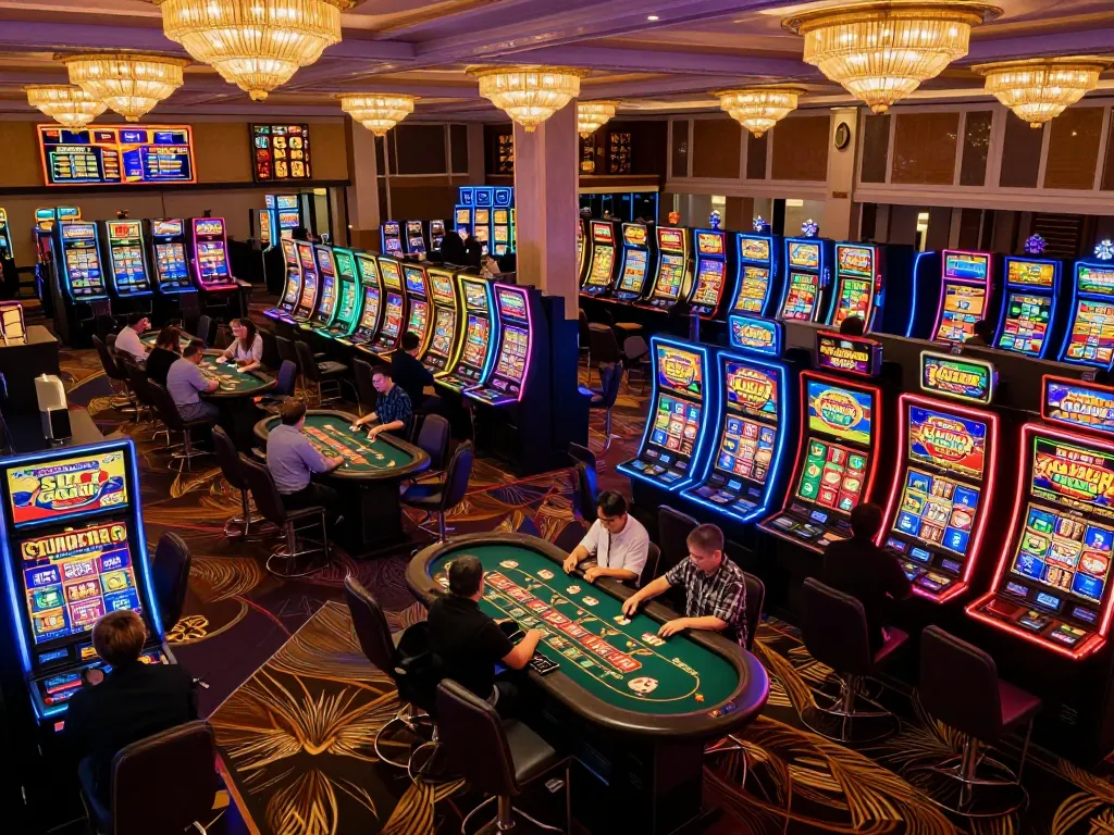 SLOT GACOR active gameplay in a vibrant casino, players engaged with colorful slot machines