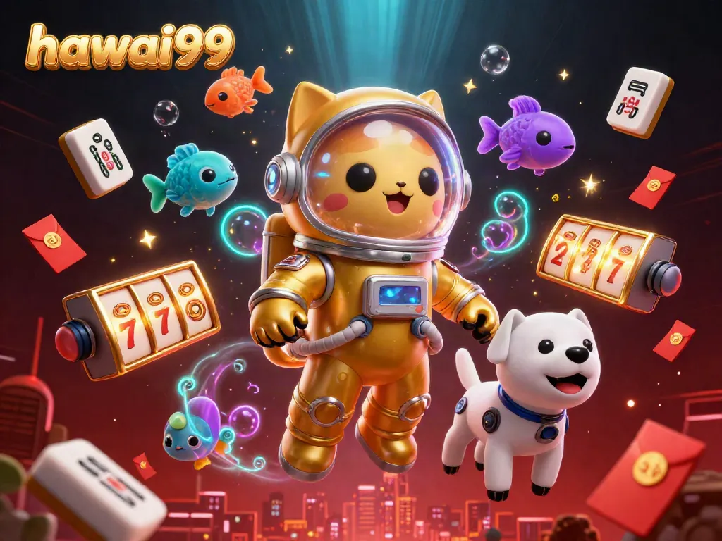 Watch "hawai99" come alive in a vibrant 3D casino illustration with lucky symbols and characters.