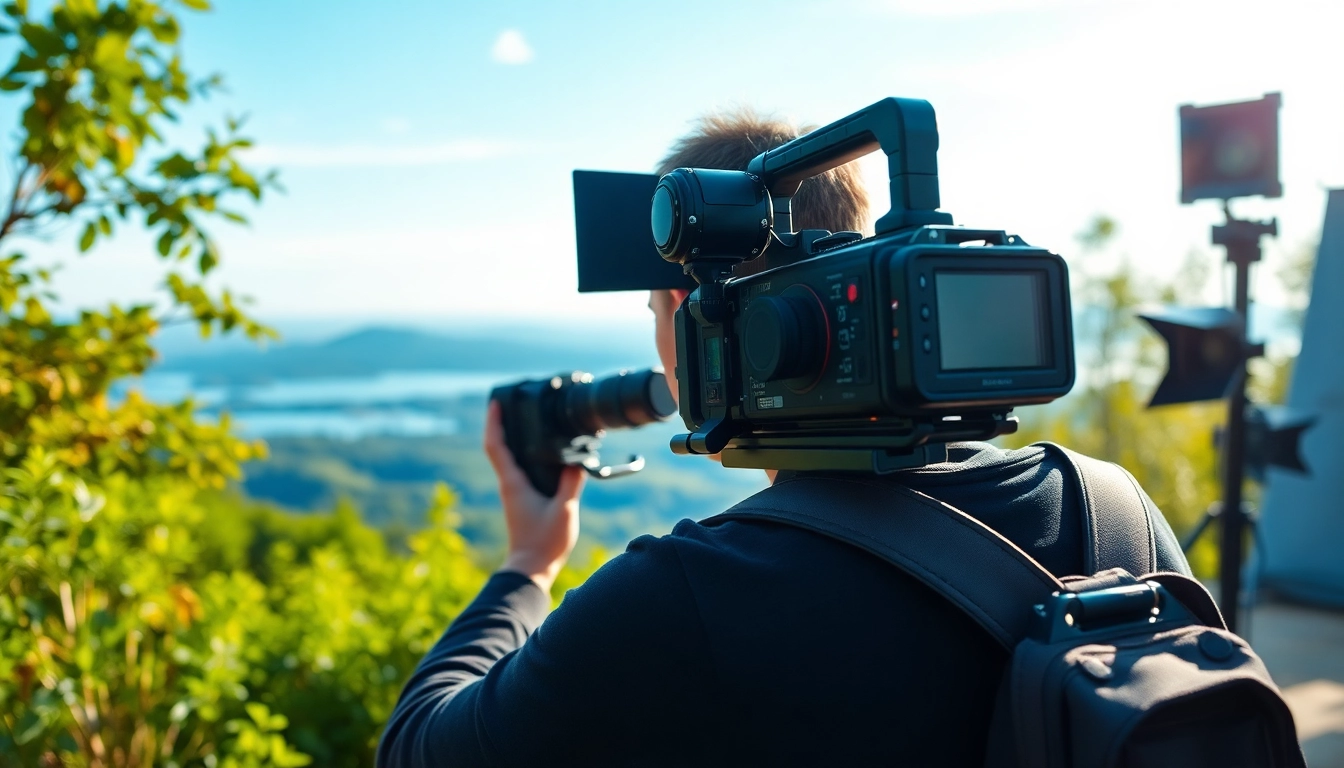 Cinematic video production scene featuring a professional videographer outdoors with vibrant nature around.