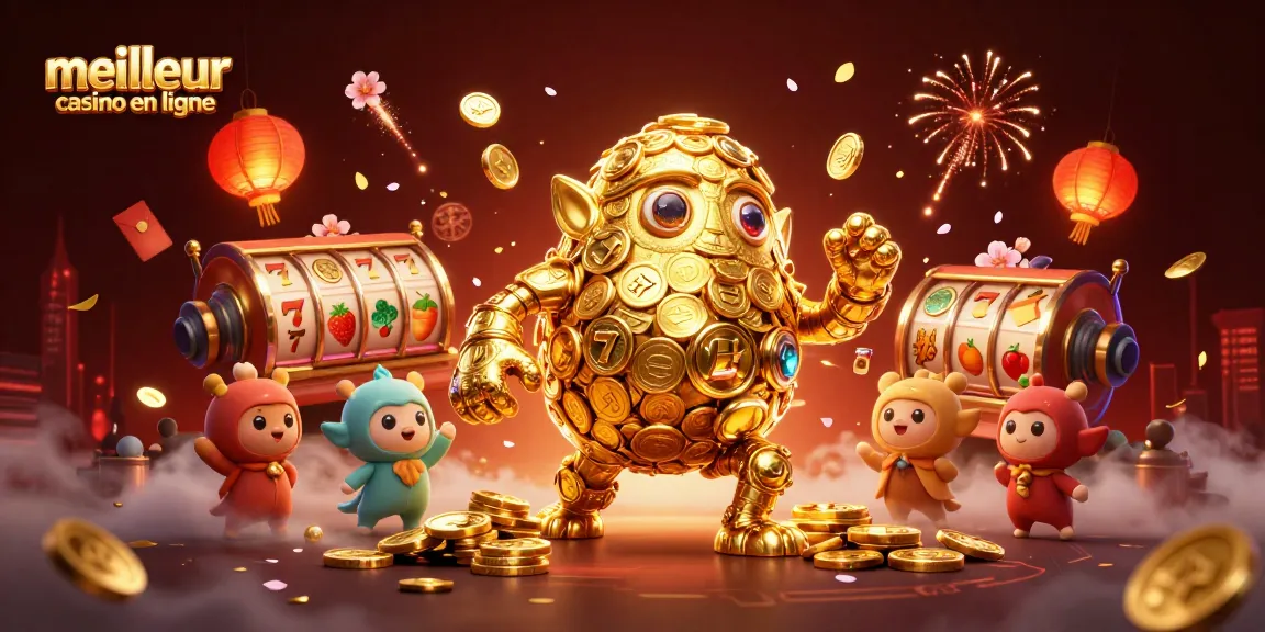 Illustration captivante du meilleur casino en ligne avec un golem doré, des rouleaux de machines à sous et des lanternes colorées.