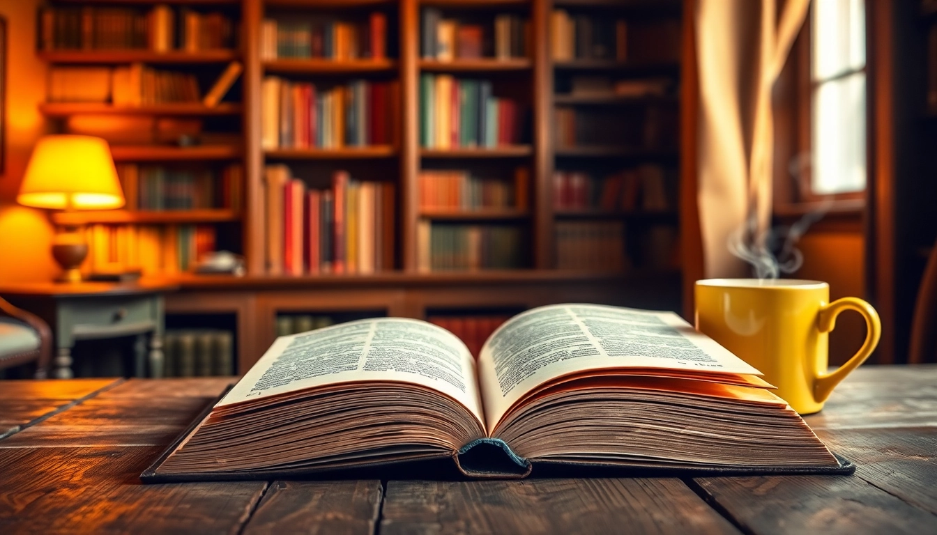 Engaging Booklab reading setup with an open book, coffee, and warm library ambiance.
