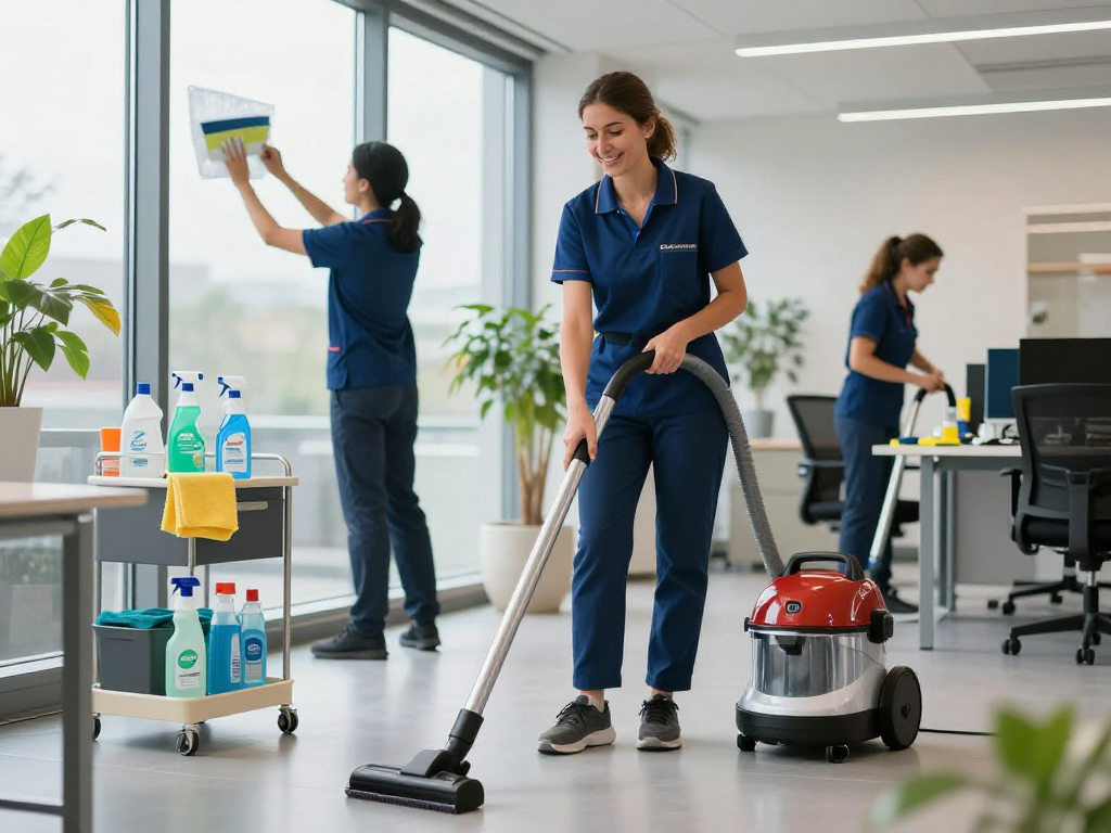 Putzfirma in Dortmund bei der professionellen Reinigung eines modernen Büros mit strahlend sauberen Fenstern und freundlichem Personal.