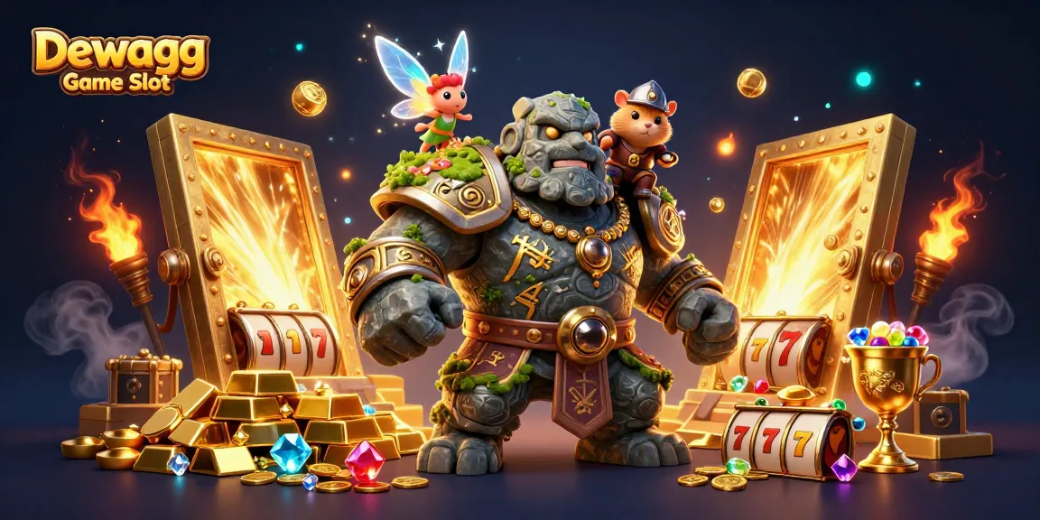 Dewagg Game Slot depicting a 3D scene of a golem guardian, tiny fairy, and hamster knight amid sparkling treasures and slot reels.