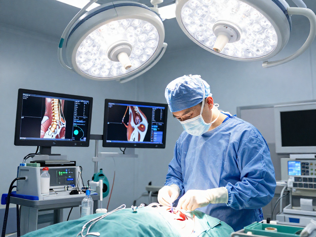 Dar kanal ameliyatı being performed by a skilled surgeon in a modern surgical theater, showcasing high-tech equipment and precision.