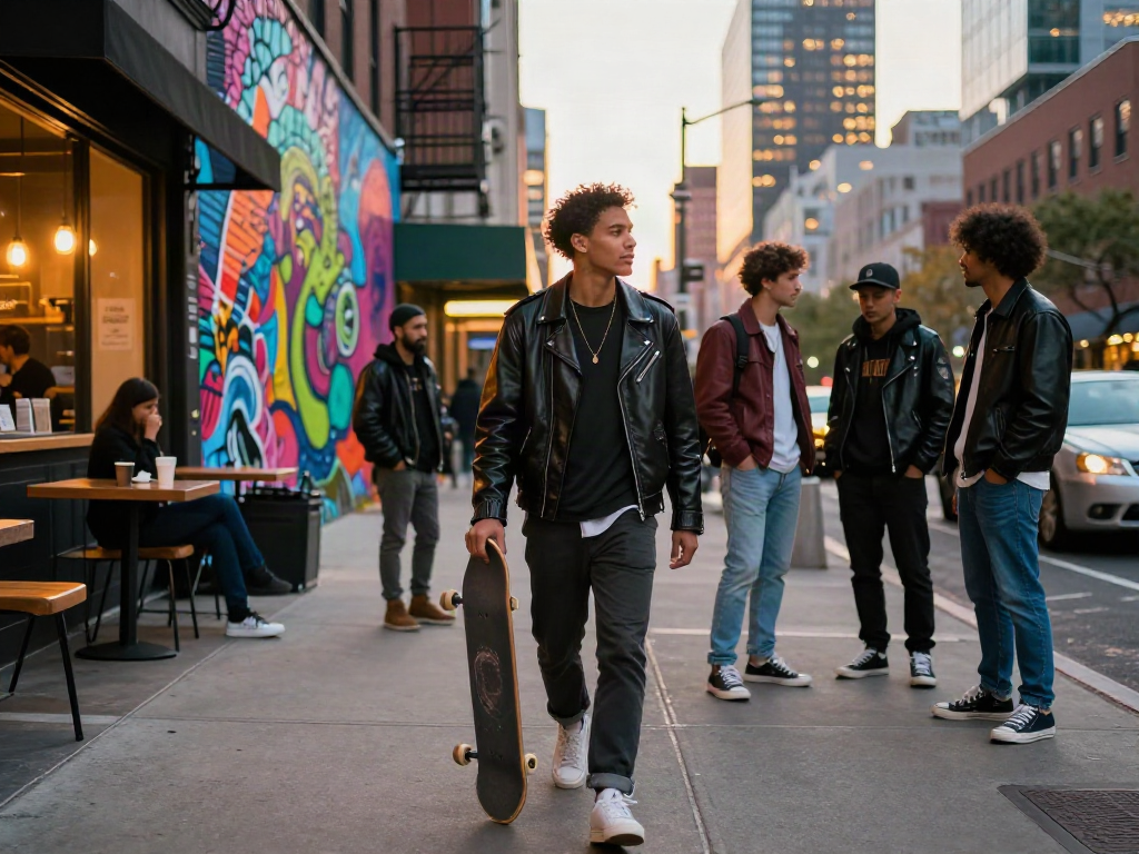 People showcasing trendy leather jackets in an urban sunset scene.