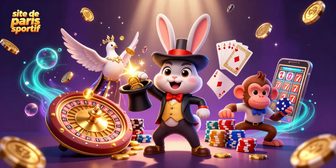 Site de paris sportif illustrant un magicien et des personnages variés dans un univers ludique de jeux d'argent.
