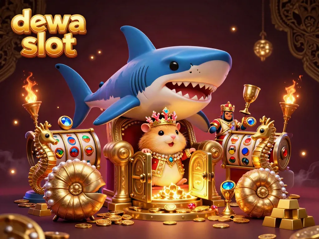 Gambarkan suasana permainan menarik di dewa slot dengan raja hamster emas di atas singgasana gigi megalodon.