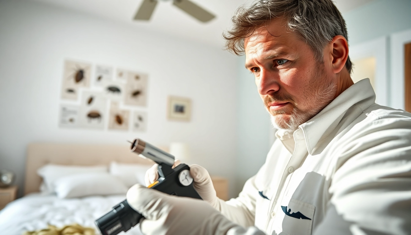 Bed bug exterminators demonstrate effective pest control techniques in a home setting.