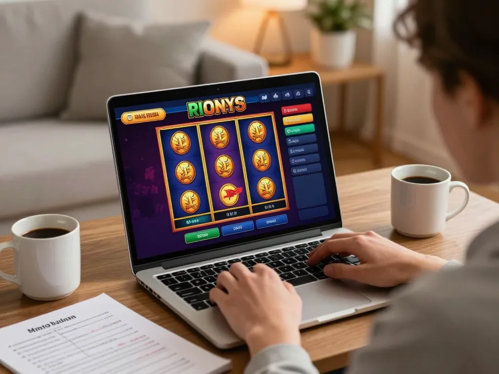 Engaging with เว็บตรงสล็อต on a laptop in a cozy home setting while enjoying online gaming.