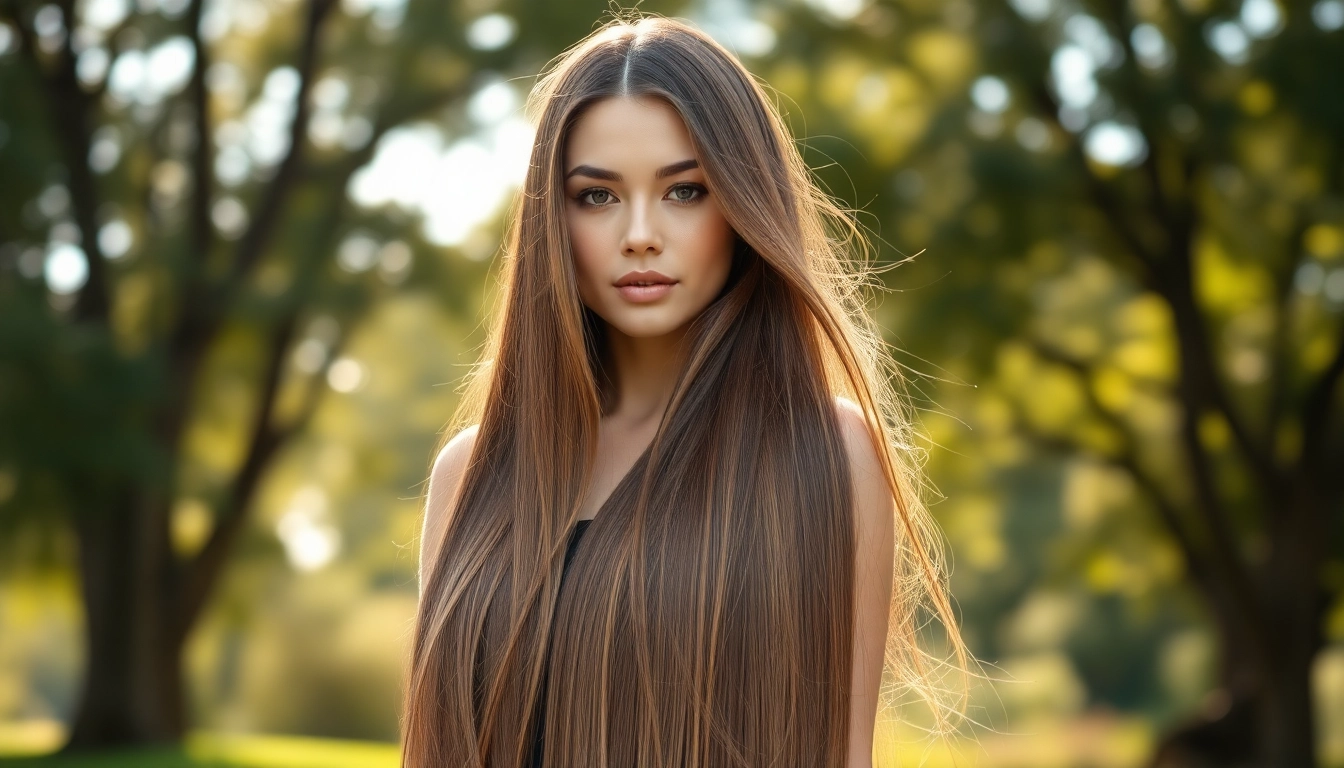 Model wearing invisi edge clip in hair extensions, showcasing natural flow and blend in a serene outdoor setting.