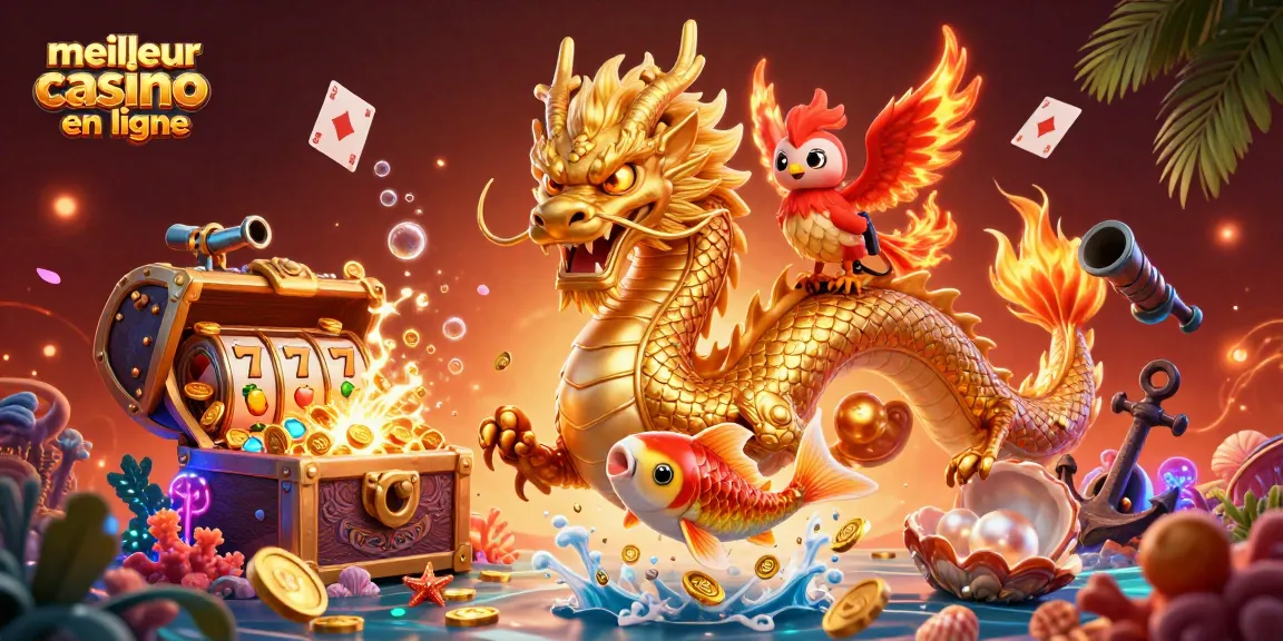 Gagnez des jackpots au meilleur casino en ligne avec notre illustration de dragon, phoenix et pièces d'or.
