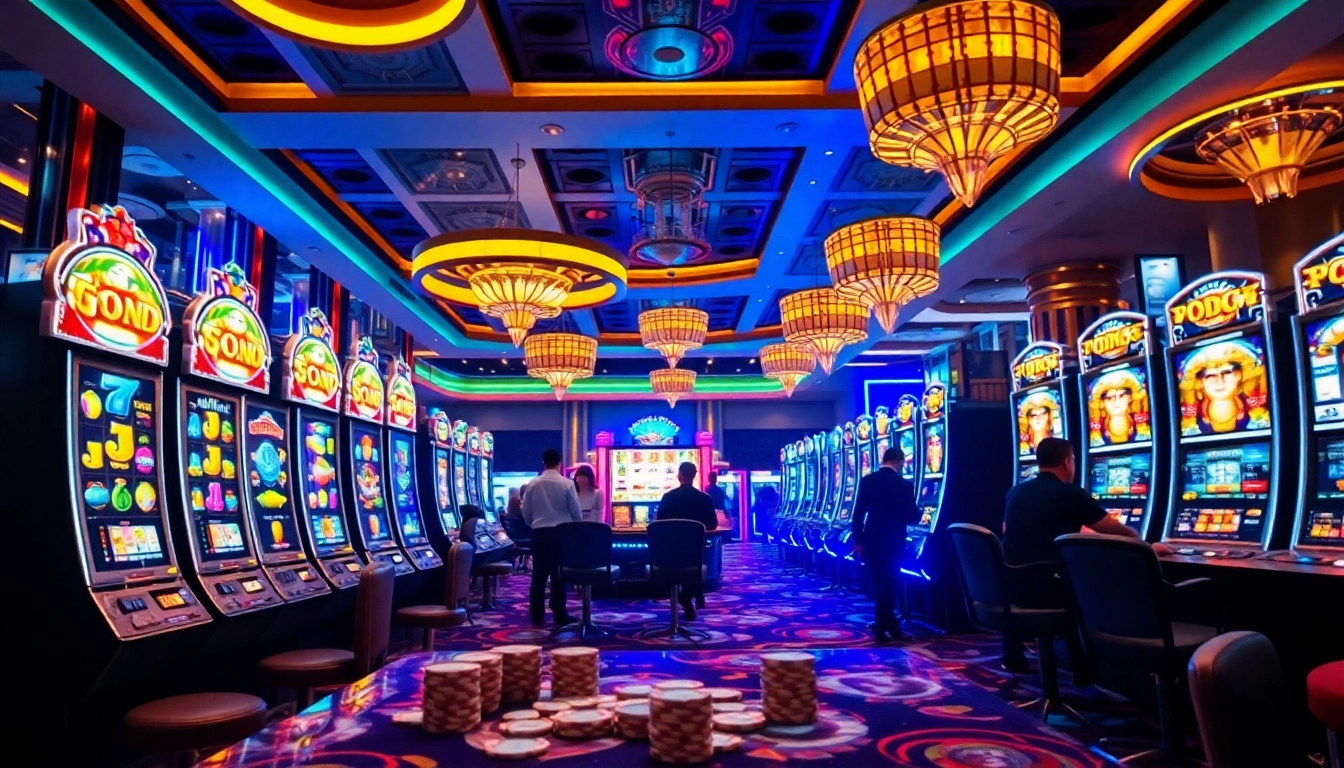 Engaging in thrilling judi slot action at a vibrant casino with colorful machines.