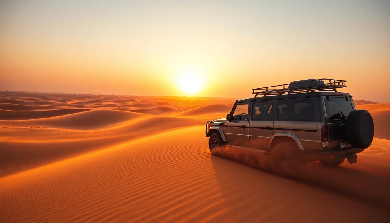 Enjoy a thrilling private desert safari dubai over golden sand dunes at sunset.