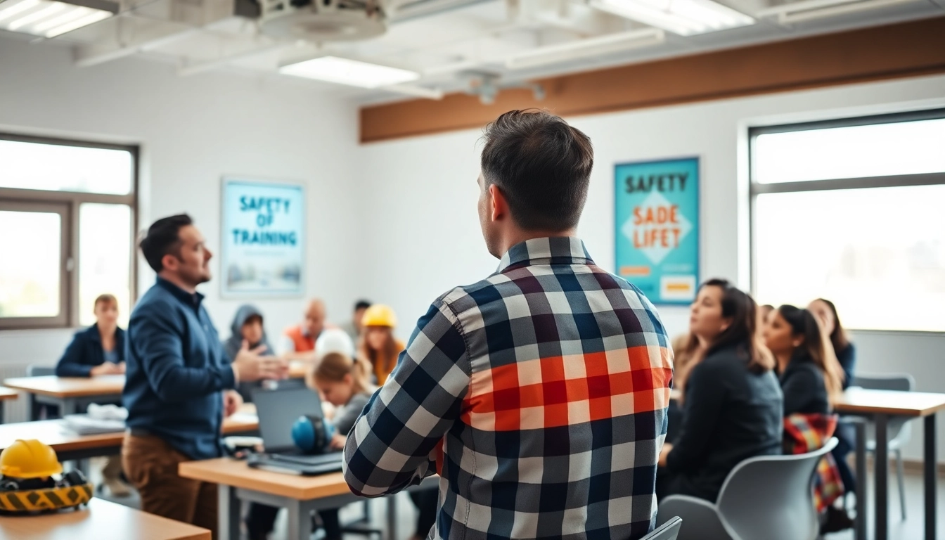 Participants in a construction safety training session actively engaging with materials and discussions.
