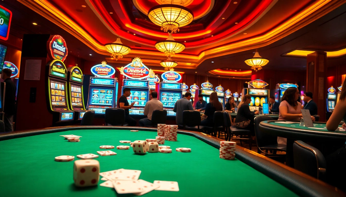 Engaging players at luxurious dinamit4d slots and poker tables in vibrant casino ambiance.