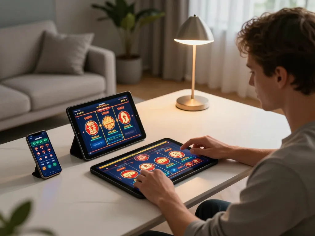 Thabet user enjoying online slots in a cozy home setup with tablet and smartphone.