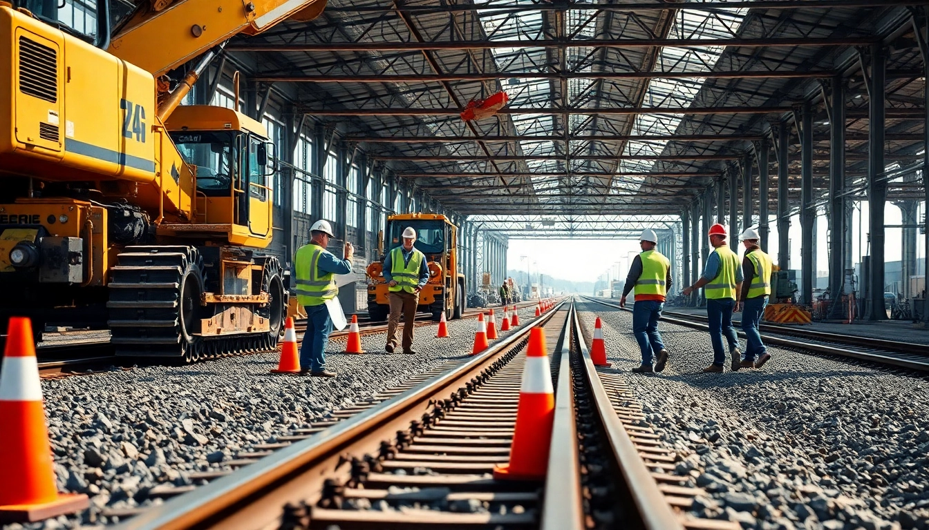 Railroad Contractors performing track installation with heavy machinery on site.