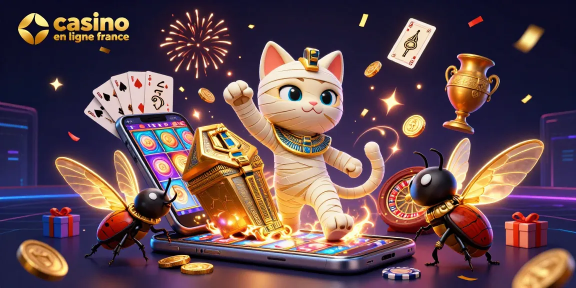 Jouez à des jeux de casino en ligne France avec un chat momie qui explose d'un sarcophage doré.