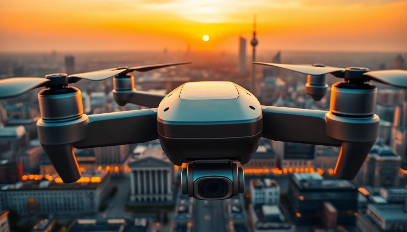 Drohnenvideos Berlin von einem Drohnenflug über die Berliner Skyline bei Sonnenuntergang.